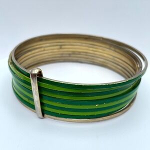 Vintage 90s Gold & Green Retro Classic Fashion Emerald Stacked Bangle Bracelet‎